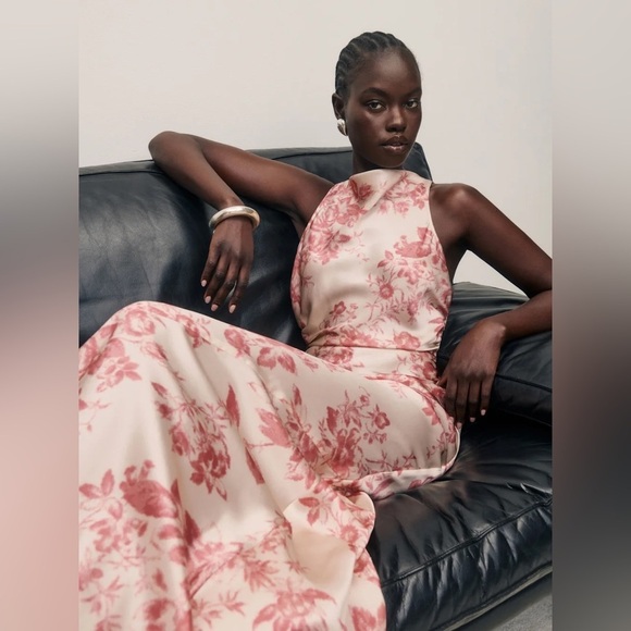 NEW Reformation Anaiis Long Silk Dress Cameo Rose Pink Cream Floral | size 0 - Picture 2 of 13